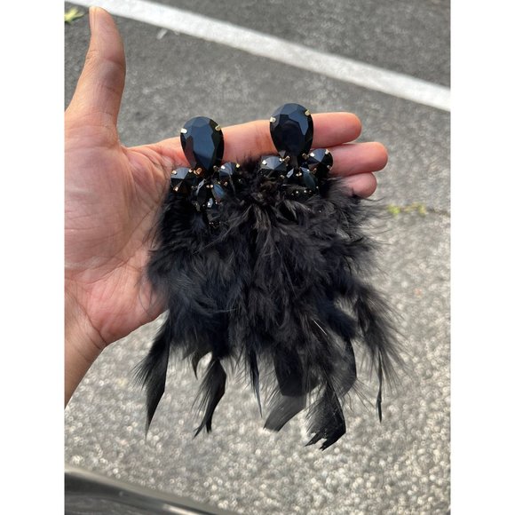 Large black earrings Fur oversized crystal wedding earrings showgirl pageant - Picture 4 of 6